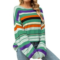 SNGXGN Женски ежедневни раирани пуловер и райета с леки тестени пуловери за пуловери Дамски пуловери, зелено, размер s