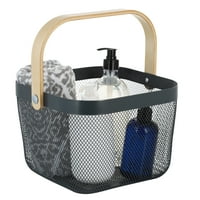 Опростете мрежестата декоративна кошница за съхранение с бамбукова дръжка, сива