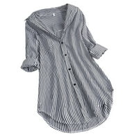 Плюс размер на разстояние с дълъг ръкав, женски ивица с дълъг ръкав бутон на яката Разхлабени върхови ризи Блуза Черна 16