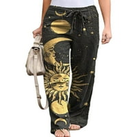 Glookwis жени с висока талия палацо панталони от дъна на разхлабени годни панталони от бохо Слънце луна отпечатани флорални печатни