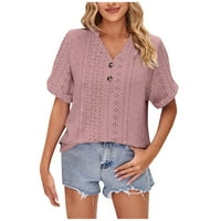 Жени модни ежедневни върхове солидни цветни ризи с къс ръкав v тениски за пуловер на врата