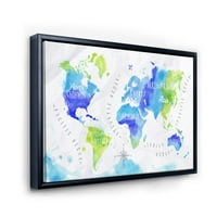 Дизайнарт 'карта на света в синьо и зелено' модерна рамка платно стена арт принт
