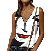 Hesxuno Tank Top for Women, модерни жени личност личност лице печат камизол жилетка нов стил Zipper v Neck Leeveless Blouses Лятни
