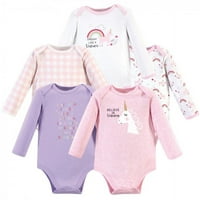 Luvable Friends Baby Girl Cotton Bodysuits с дълги ръкави 5pk, еднорог, 9- месеца