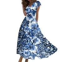 FOPP продавач Женска дълга ежедневна рокля Лятна кратка ръкав V-образно деколте от печата отпечатана рокля тъмно синьо s