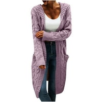 Deholifer жени с качулка отворена преден жилетка кабел плетат пуловери твърди цветни кокетни дълги пуловерни палта лилаво s