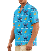 Fnyko Men's & Boy's Hawaiian Rish Lilo & Stitch Print Редовно прилепване на небрежен къс ръкав копче на хавайски ризи ежедневна