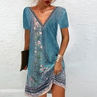 Xysaqa женски V Neck Vintage Boho Sundress, лято ежедневен къс ръкав плаж мини рокля флорален тениски тениски рокли S-3XL
