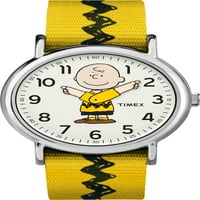 Времето фъстъци Университет Weekender Watch-Чарли Браун с жълта и черна тъкан Плъзгаща се каишка
