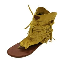 Дамски гладиатор ресни ресни плоски сандали ретро бохемски плаж T-каишка римски ботуши пискюл небрежен сандали с отворени пръсти