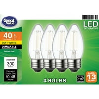 Голяма стойност светодиодна крушка, 4в Б Деко лампа е средна основа, Регулируема, мека бяла, 4-пак
