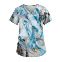 Отпечатани блузи с къс ръкав за свободното време V-образно деколте мода за жени небесно синьо m