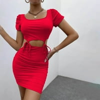 Дамски плюс размер рокля лято късо ръкав Party Bandage Solid Color Mini рокля червено 12