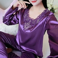 Huanledash комплект жени пижами комплект копринени дълги ръкави v шия солиден цвят хлабав спящ дантела плюс размер жени нощни