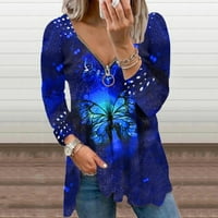 U женски V-образно деколте с дълъг ръкав с цип пуловер топ перлен принт ежедневна тениска xl