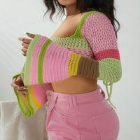 Жени кухи джъмпер квадратни шия плетен плетен пуловер пуловер y2k реколта върхове дълъг разгънат ръкав блуза цветен блок улични