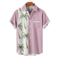 Хавайски ризи за мъже спокойни годни тропически палмово печат цвят Блок пачуърк къс ръкав Небрежен бутон надолу с яка тениски