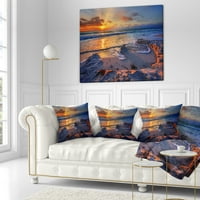 Дизайнарт красив морски бряг с жълто слънце - възглавница за хвърляне на морски бряг-18х18