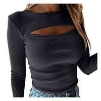 Ризи за жени свободни прилепнали кръгли вратни пуловери с дълъг ръкав отгоре кухи плътни цветове тънки тениски дамски