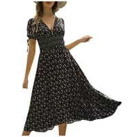 Женски рокли дълги опаковки с къс ръкав небрежно V-образно летна флорална рокля черни s