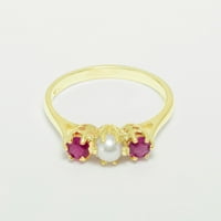 Британски направени 18k жълто злато култивирани перли и рубини Женски юбилеен пръстен - Опции за размер - размер 10