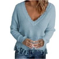 Намален дамски пуловер с v-образно пуловер пуловер плъзгащ се плътен цвят хлабав дълъг ръкав с дълъг ръкав секси руширани блузи