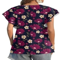 Niuer жени летни върхове ежедневни флорални принт с къс ръкав Crewneck Разхлабена блуза риза Туника горни шифон Ръфлес ежедневни