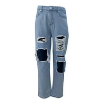 Tangnade дамски панталони жени бутон с висока талия джобни еластични дупки дънки панталони свободни дънкови панталони