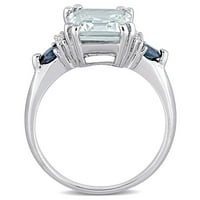 3-КТ аквамарин, сапфир и диамант Сребърен 3-каменен годежен пръстен
