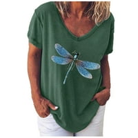 Клирънс плюс размер върхове блуза жени с къс ръкав Небрежни графични отпечатъци Блузи V-образно деколте, армейско зелено, 5xl