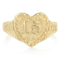 IOKA - 14K Твърдо жълто злато години рожден ден със сърце quinceanera пръстен - размер 5.5