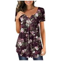 Летни женски ризи женски реколта флорален печат плисиран къс ръкав небрежен бутон за тениска топ пуловер тъмно лилаво m