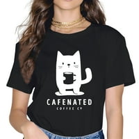 -Shirts for Women Summer Tee Fyna Coffee Co Сладко котка Смешно отпечатано ежедневно късо ръкав Кръгли върхове на шията тениски