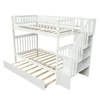 Двойна над двуетажно легло с Трундъл и стълбище за съхранение, Аукфа двуетажно легло с мантинела, бяла платформа легло рамка за