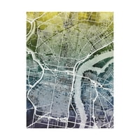 Търговска марка изобразително изкуство 'Филаделфия Пенсилвания Сити карта на улиците синьо жълто' платно изкуство от Майкъл Томпсет