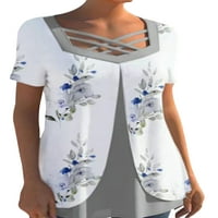 Тениска от вогуеле за жени флорална тениска тениска v Врат тийз плаж пуловер ежедневни летни върхове сиви s